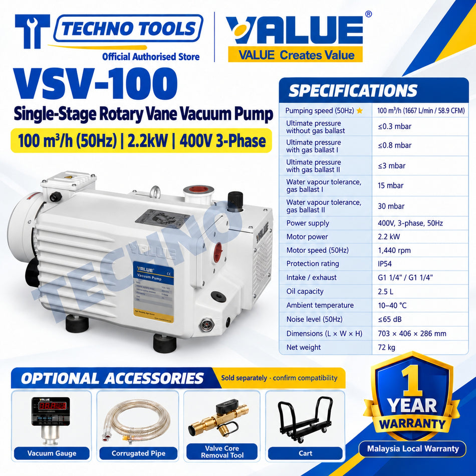Industrial Vacuum Pump Value VSV-100 Single-Stage Rotary Vane Vacuum Pump 100m³/h (50Hz) 2.2kW 400V 3-Phase, with specification table and optional accessories