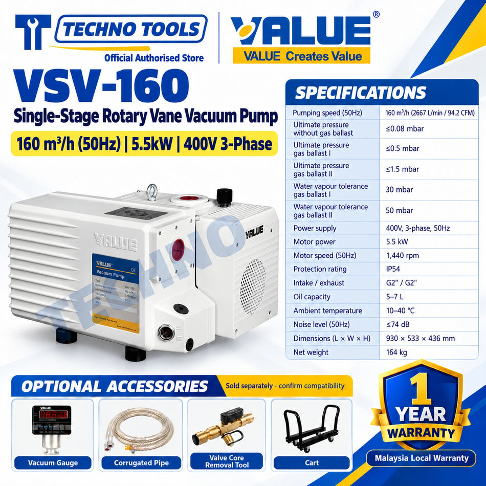 Industrial Vacuum Pump Value VSV-160 Single-Stage Rotary Vane Vacuum Pump 160m³/h (50Hz) 5.5kW 400V 3-Phase, with specification table and optional accessories
