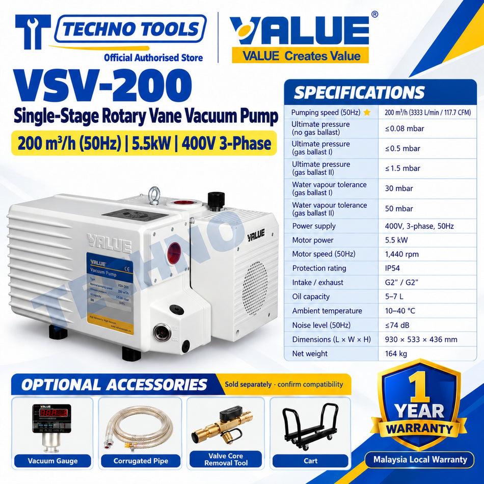 Industrial Vacuum Pump  Value VSV-200 Single-Stage Rotary Vane Vacuum Pump 200m³/h (50Hz) 5.5kW 400V 3-Phase, with specification table and optional accessories