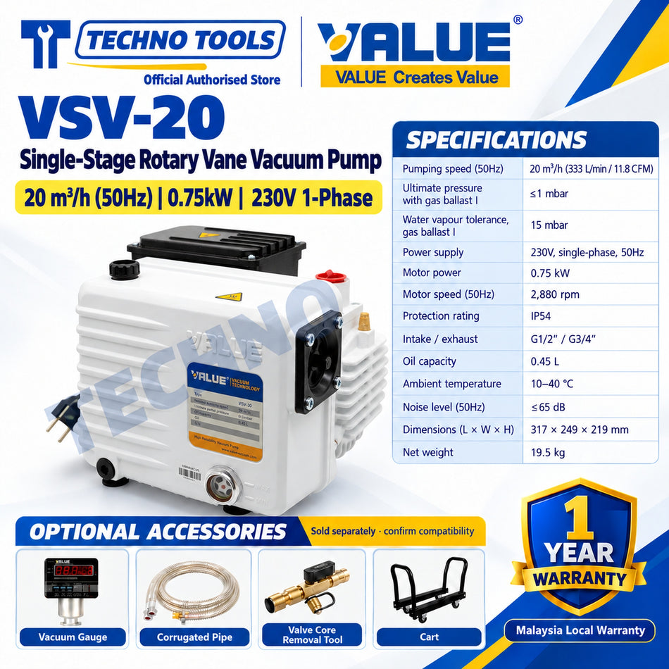 Industrial Vacuum Pump Value VSV-20 Single-Stage Rotary Vane Vacuum Pump 20m³/h (50Hz) 0.75kW 230V 1-Phase, with specification table and optional accessories