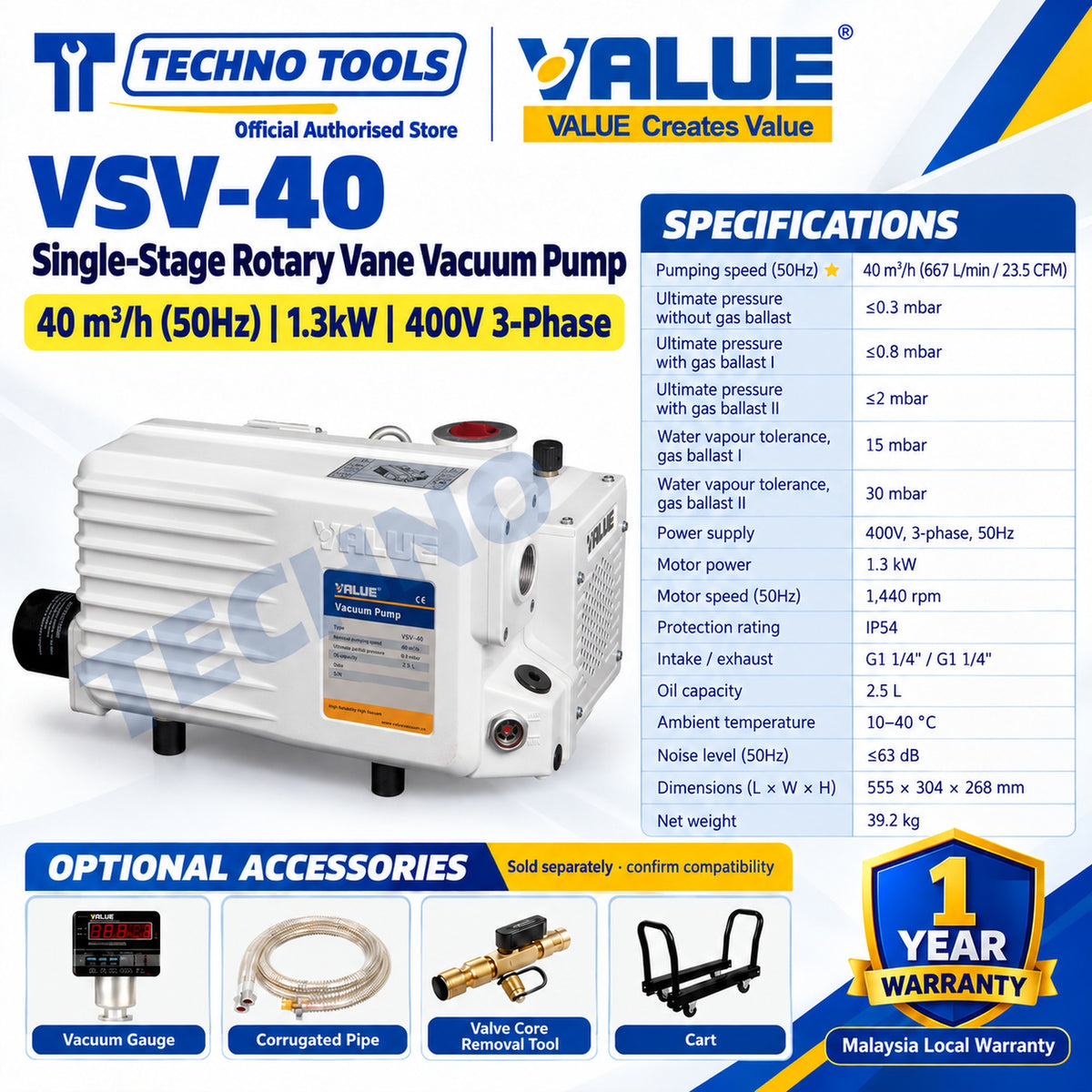 Value VSV-40 Single-Stage Rotary Vane Vacuum Pump 40m³/h (50Hz) 1.3kW 400V 3-Phase, with specification table and optional accessories