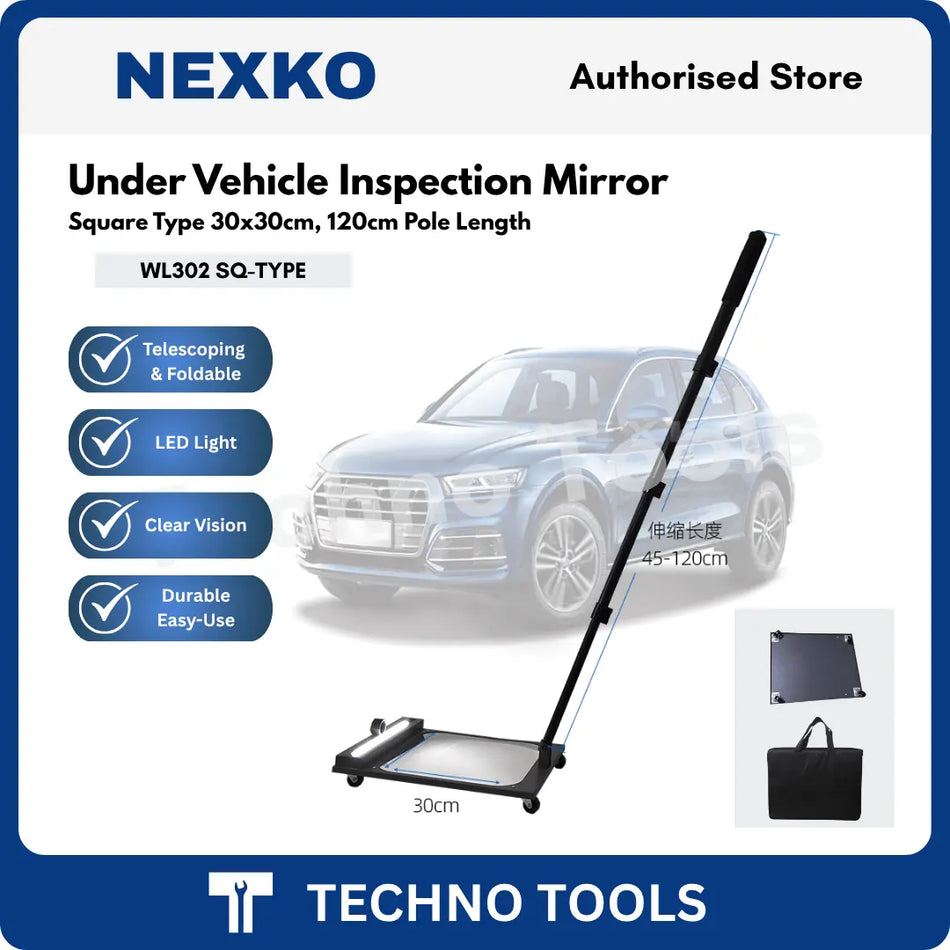 Nexko under vehicle inspection mirror with car and product details on a white background