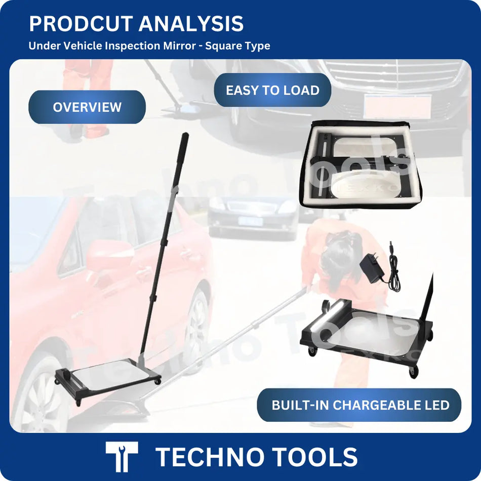 WL302 Under car / under vehicle inspection mirror (square type) with 120cm pole and built-in LED light, branded as Techno Tools.