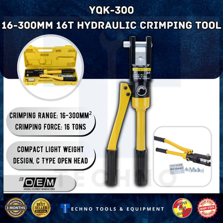 YQK-300 16-300mm 16T Hydraulic Crimping Tool with packaging and accessories on a blue background