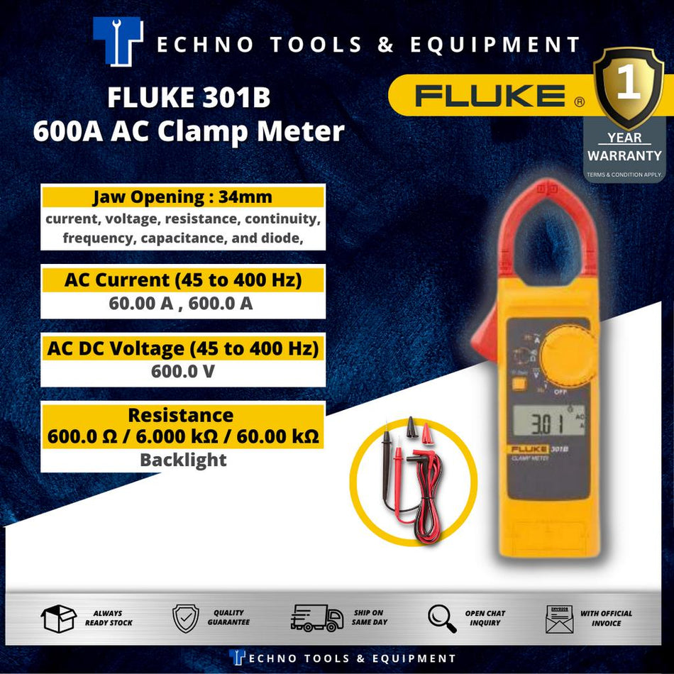 FLUKE 301B 600A Clamp Meter voltage, resistance & continuity, current & voltage frequency, capacitance & diodes