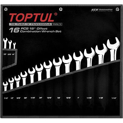 TOPTUL 16 Pcs Standard Combination Wrench 15° Offset- Black Pouch Bag GPBB1602