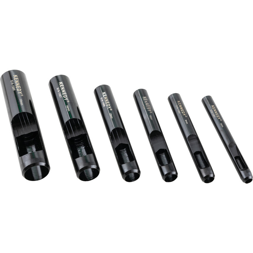 Kennedy KEN5181650K 6-piece hollow punch set, 6mm to 19mm punches laid out in a row