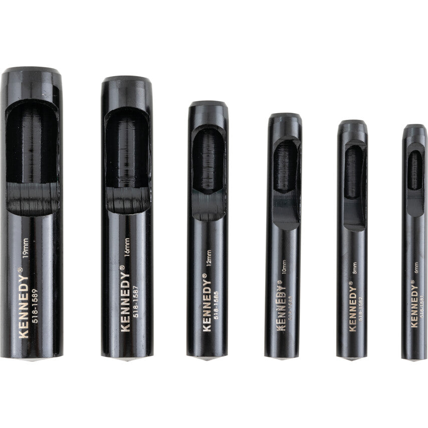 Kennedy KEN5181650K hollow punches standing upright, 19mm down to 6mm, showing Kennedy markings