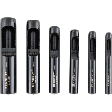 Kennedy KEN5181650K hollow punches standing upright, 19mm down to 6mm, showing Kennedy markings