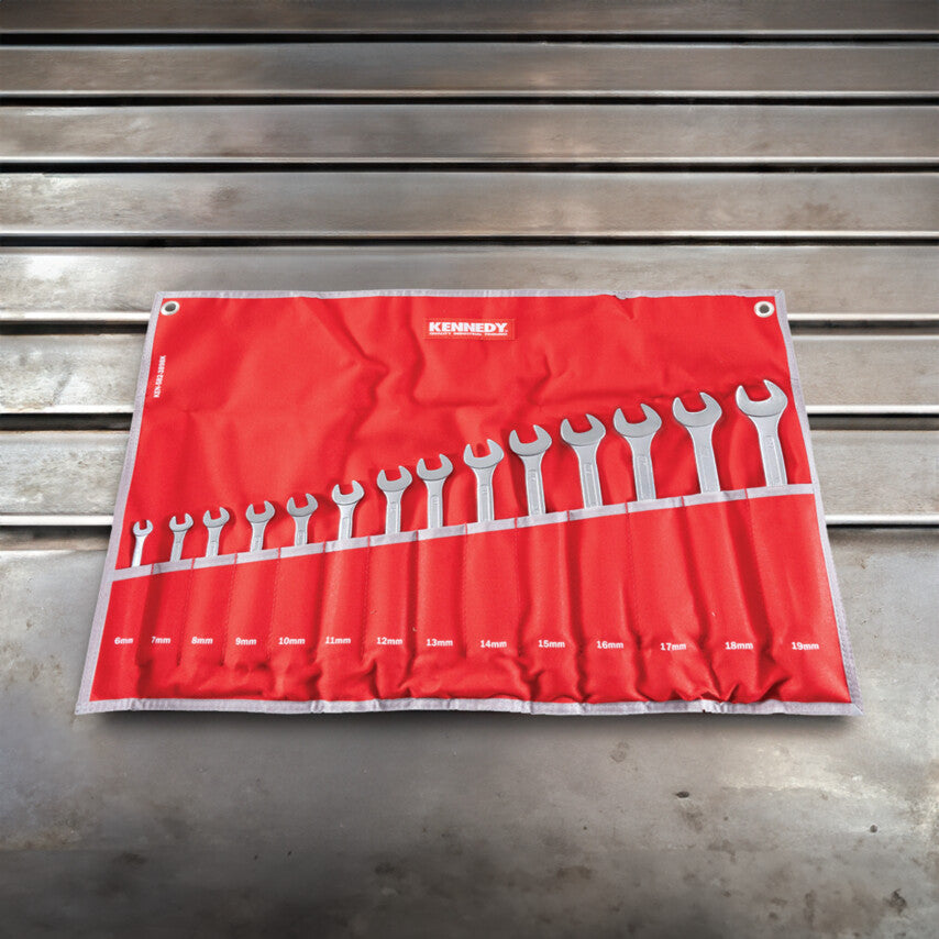 Kennedy KEN5823898K 14-piece combination spanner set laid out on a workshop bench