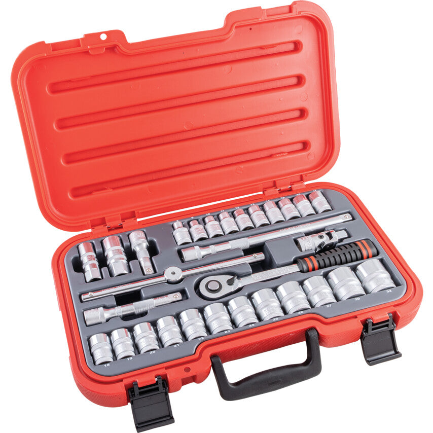 Kennedy KEN5827940K 30-piece metric socket set open in red carry case
