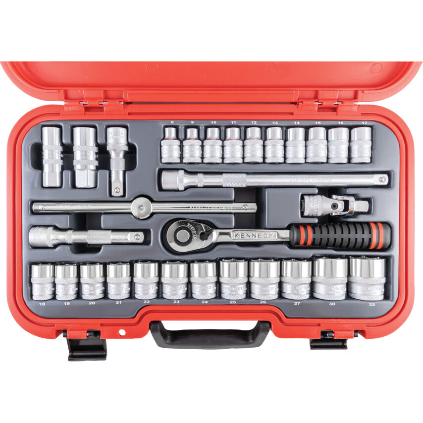 Kennedy KEN5827940K socket set top view with 8-32mm 6-point sockets, ratchet, T-handle and extensions