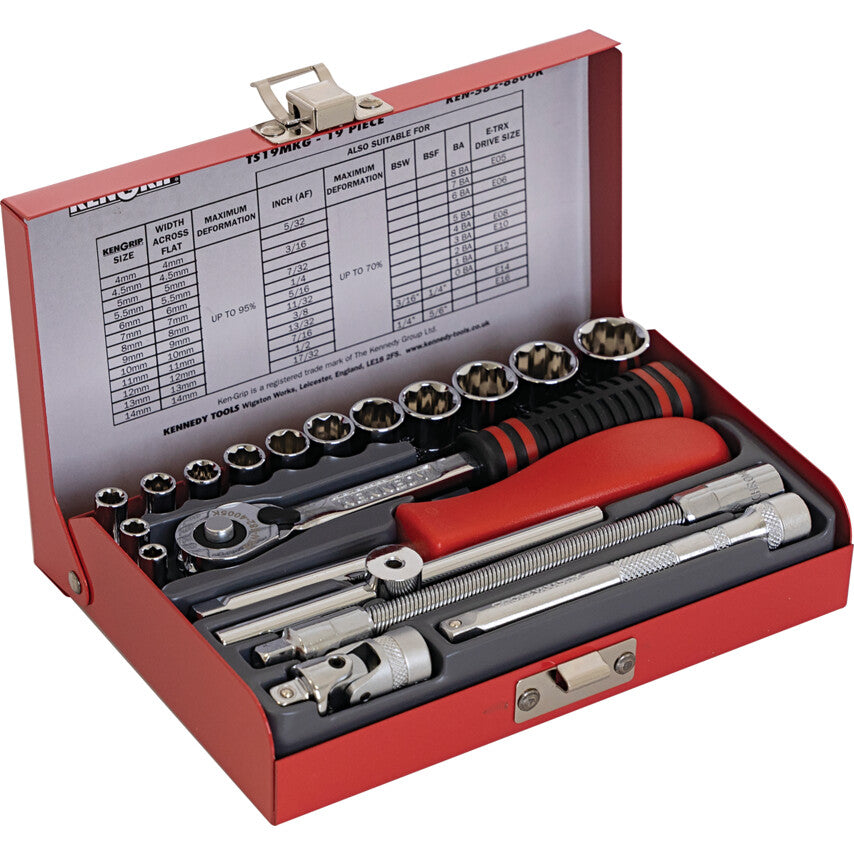 Kennedy Ken-Grip KEN5828800K 1/4in drive metric socket set, 19 pieces, 4 to 14mm, in open red metal case