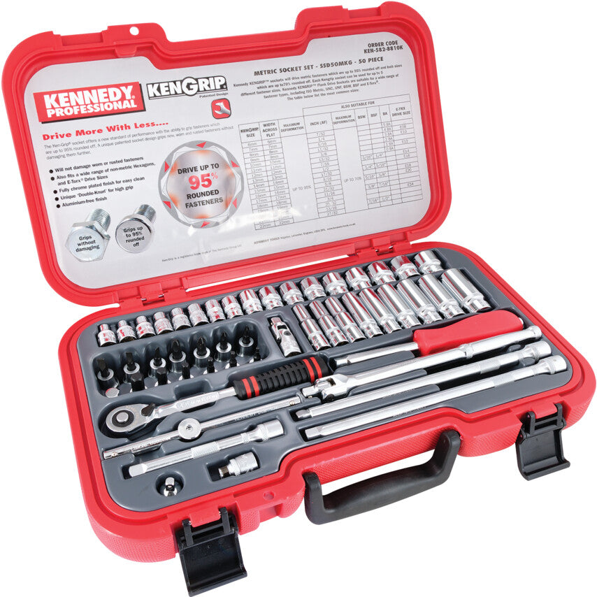 Kennedy Ken-Grip KEN5828810K 50-piece socket set open in red fitted case with lid raised
