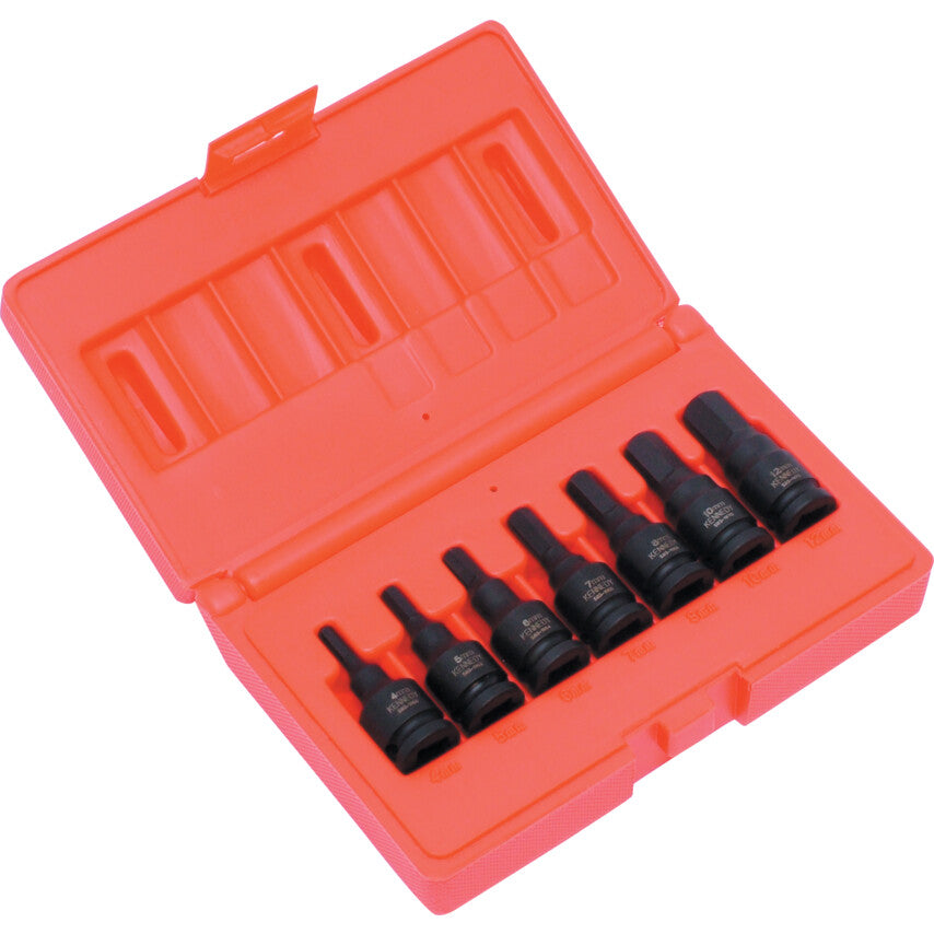 Kennedy KEN5839182K 3/8in drive 7-piece hex impact bit socket set, 4 to 12mm, in red impact-resistant case