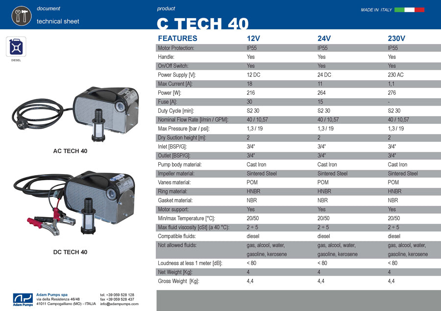 Adam Pumps DC Tech-24V Diesel Transfer Pump 40L/min, 1.3Bar, 24V