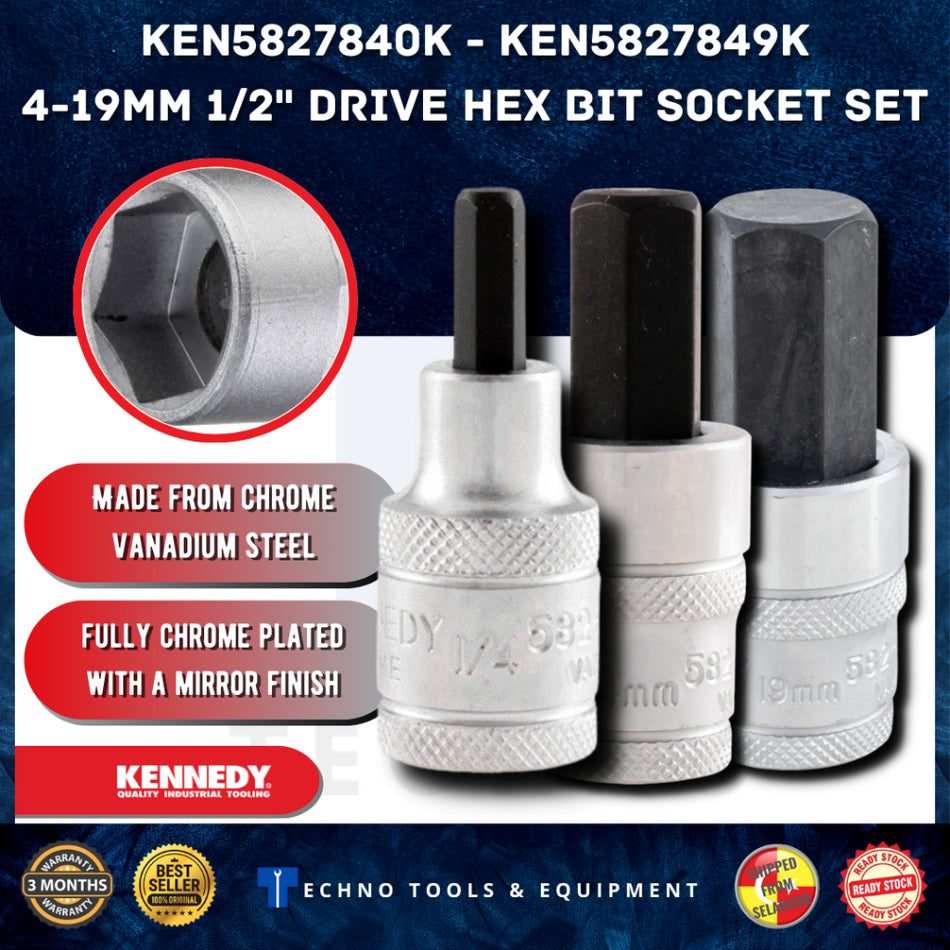 KENNEDY 4-19mm x 55mm HEX BIT SOCKET 1/2" SQ DR KEN5827840K - KEN5827849K