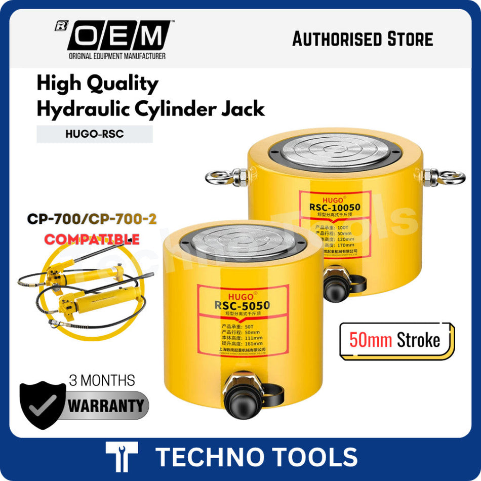 (PRE-ORDER ) HUGO High Quality 50T/100T Low Height Ultra Thin Hydraulic Cylinder Jack | FPY / RSC 3 Months Warranty OEM