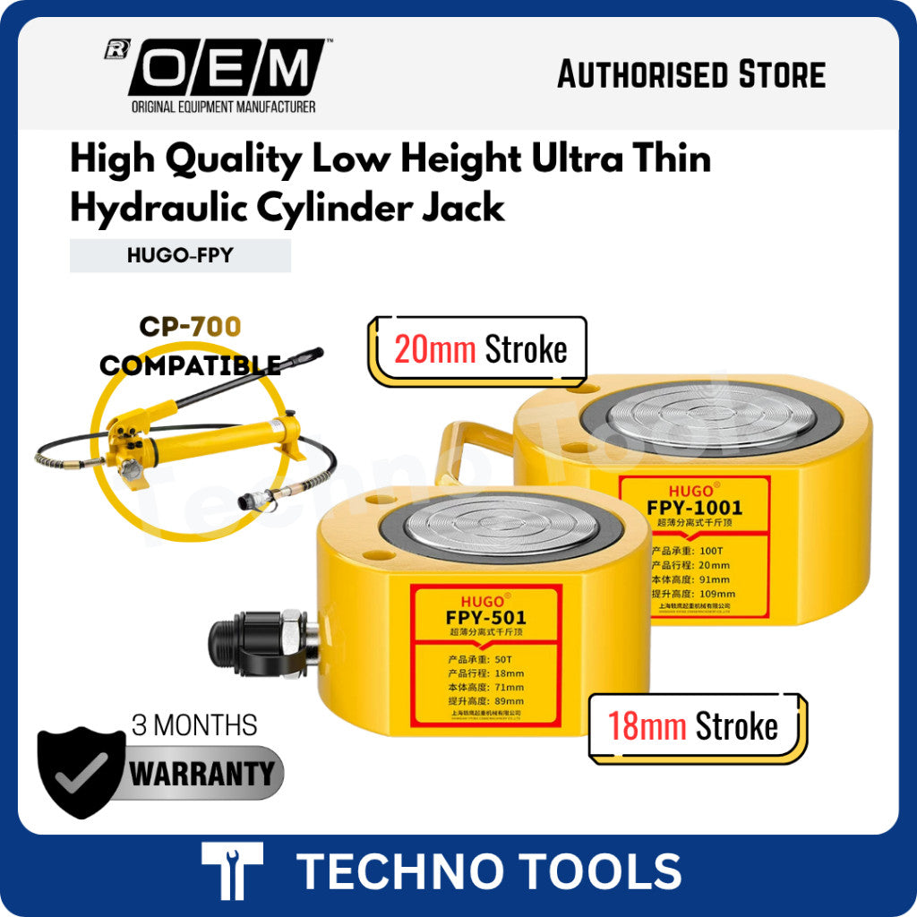 (PRE-ORDER ) HUGO High Quality 50T/100T Low Height Ultra Thin Hydraulic Cylinder Jack | FPY / RSC 3 Months Warranty OEM