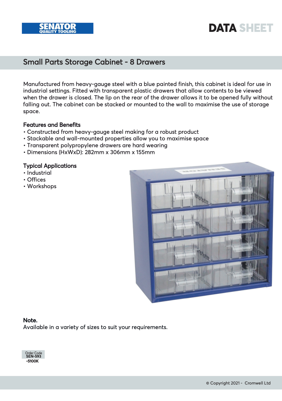 SENATOR 8 Drawer Small Parts Storage cabinet SEN5935100K - Mini cabinet