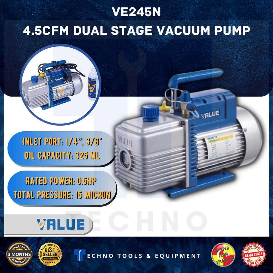 Value VE245 Dual Stage Vacuum Pump 4.5CFM, 128L/Min, 1/2HP - Brand New & Original