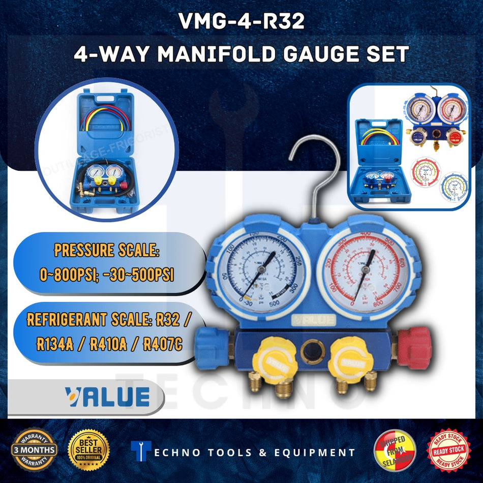 VALUE VMG-4-R32 4-Way Manifold Gauge Set (Refrigerant Scale: R32 /R134A /R410A /R407C) - 100% New & Original