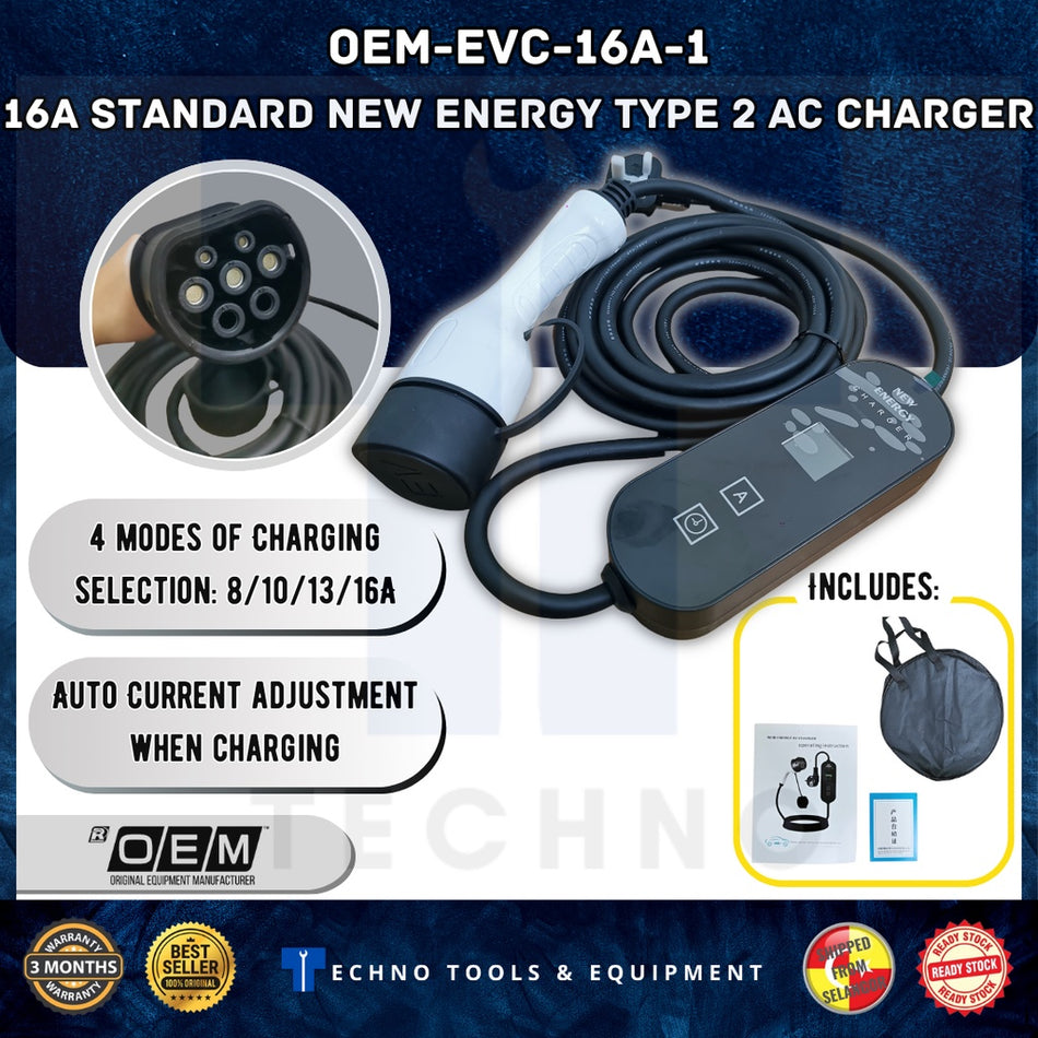 EV Car Charger Type 2 Portable Charger 3 pin plug 5 Meter UK Socket, 3.5kwh for Tesla, BYD Malaysia