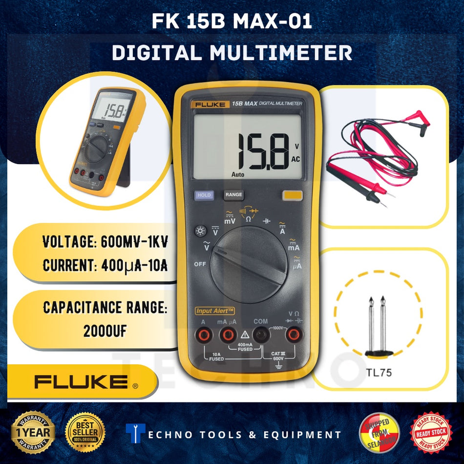 Fluke 15B MAX-01 / MAX-02 / MAX-KIT Economical Digital Multimeter; Capacitance range: 2000u