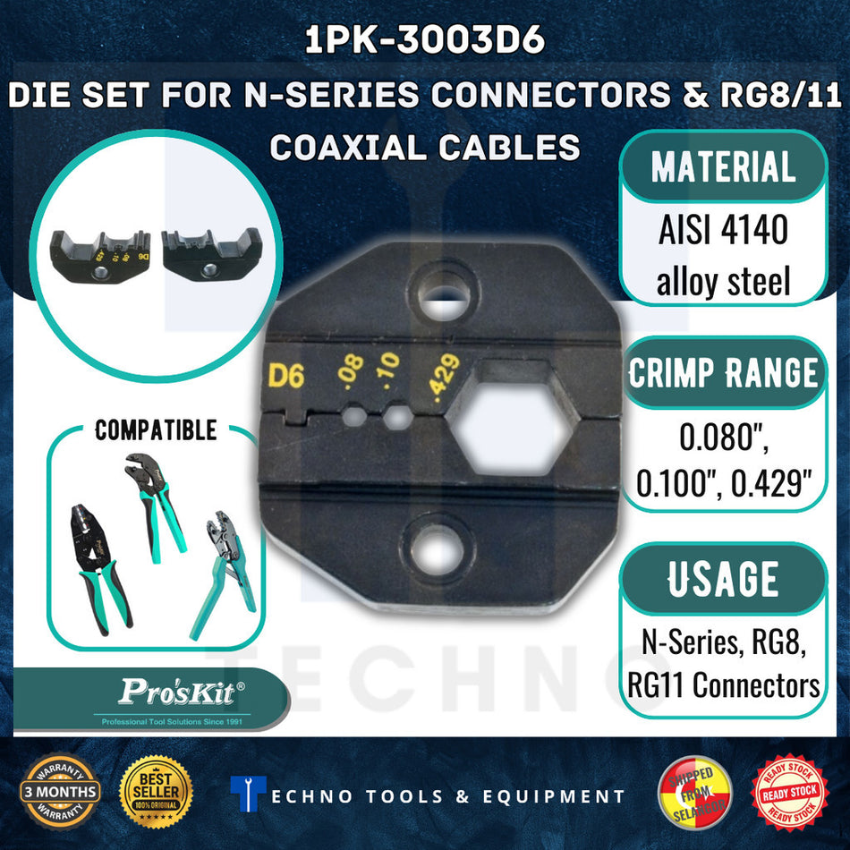 PROSKIT 1PK-3003D6 Die Set 0.429", 0.100", 0.080" For N-Series Connectors & RG8/11 Coaxial Cables