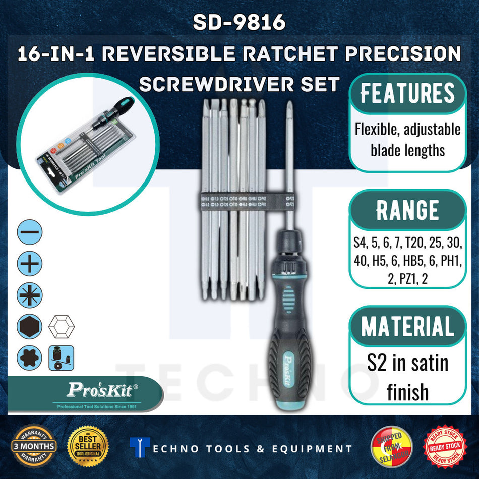 PRO'SKIT SD-9816 16-IN-1 REVERSIBLE RATCHET PRECISION SCREWDRIVER SET