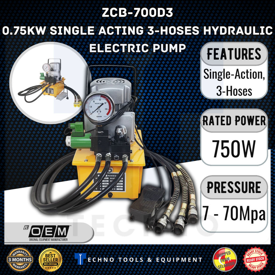 ZCB-700D3 Single Acting 3-Hoses Hydraulic Electric Pump 750W 220V 7L