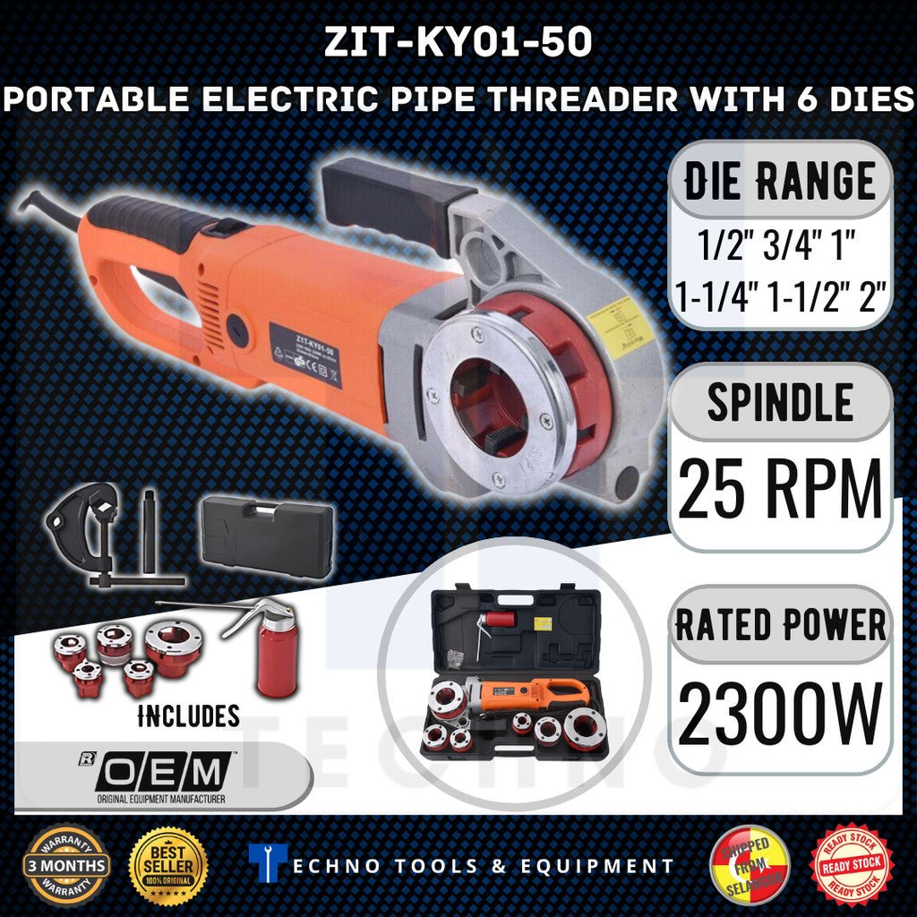 Portable Handheld Electric Pipe Threader Threading Machine With 6 Dies - Upgraded Model Techno Tools & Equipment