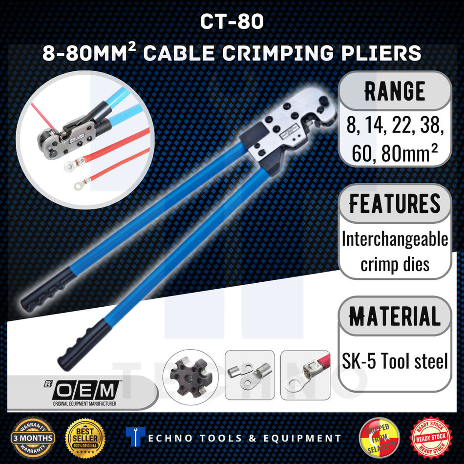 CT38 CT80 CT150 HEAVY DUTY CABLE LUG CRIMPING TOOL 8, 14, 22, 38, 60, 80, 150mm²