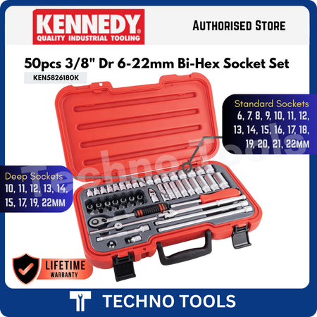 KENNEDY KEN5826180K 50pcs 3/8"Dr. 6-22mm With Chromed Finished Bi-Hexagon Socket Set | 3 Years Warranty KENNEDY
