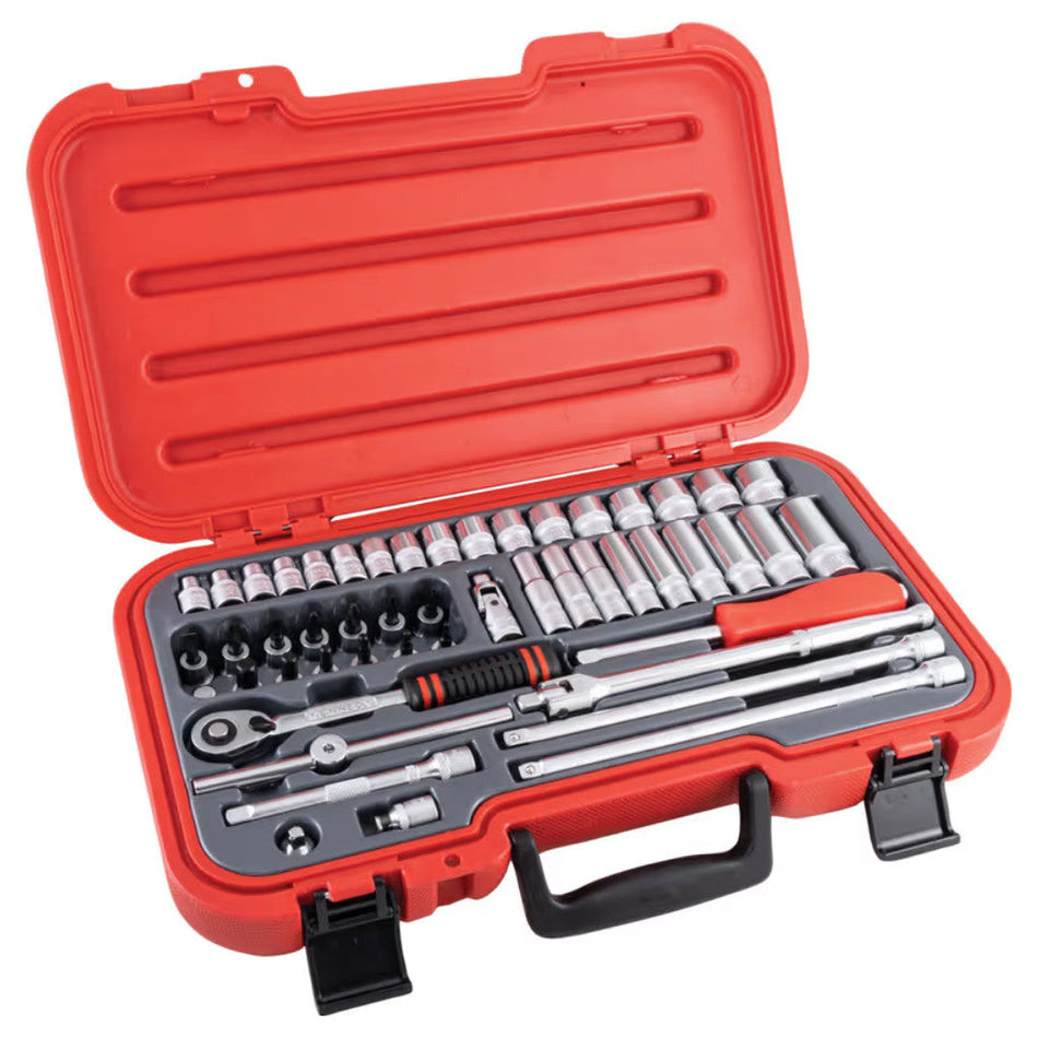 Kennedy KEN5826180K 3/8in socket set open in red case with snap-shut clasps