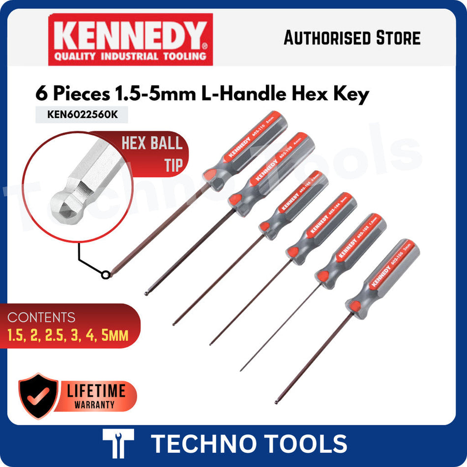 KENNEDY KEN6022560K 6-PCS 1.5-5mm L-Handle Hex Key | Hex Ball Tip | Lifetime Warranty KENNEDY