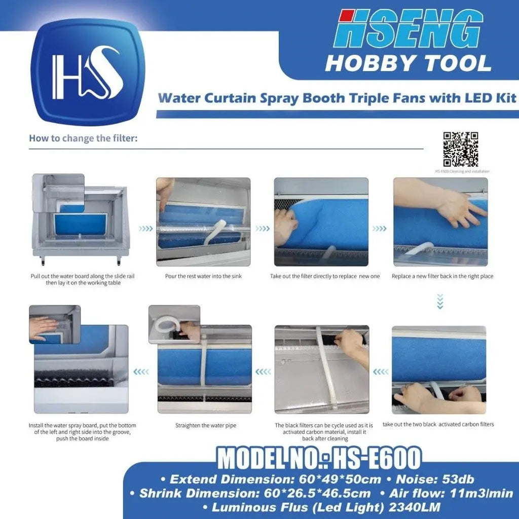 HSENG HS-E600 Water Curtain Spray Booth Triple Fans with LED Techno Tools & Equipment