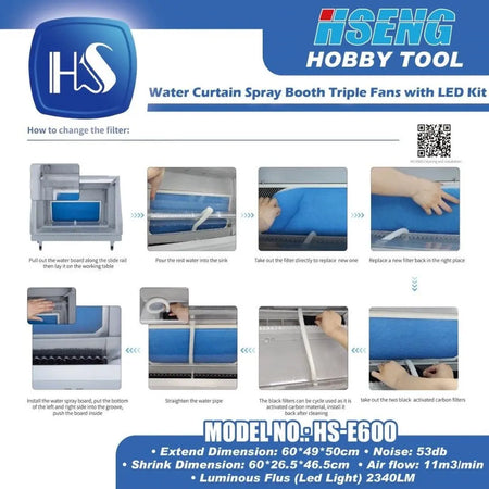 HSENG HS-E600 Water Curtain Spray Booth Triple Fans with LED Techno Tools & Equipment