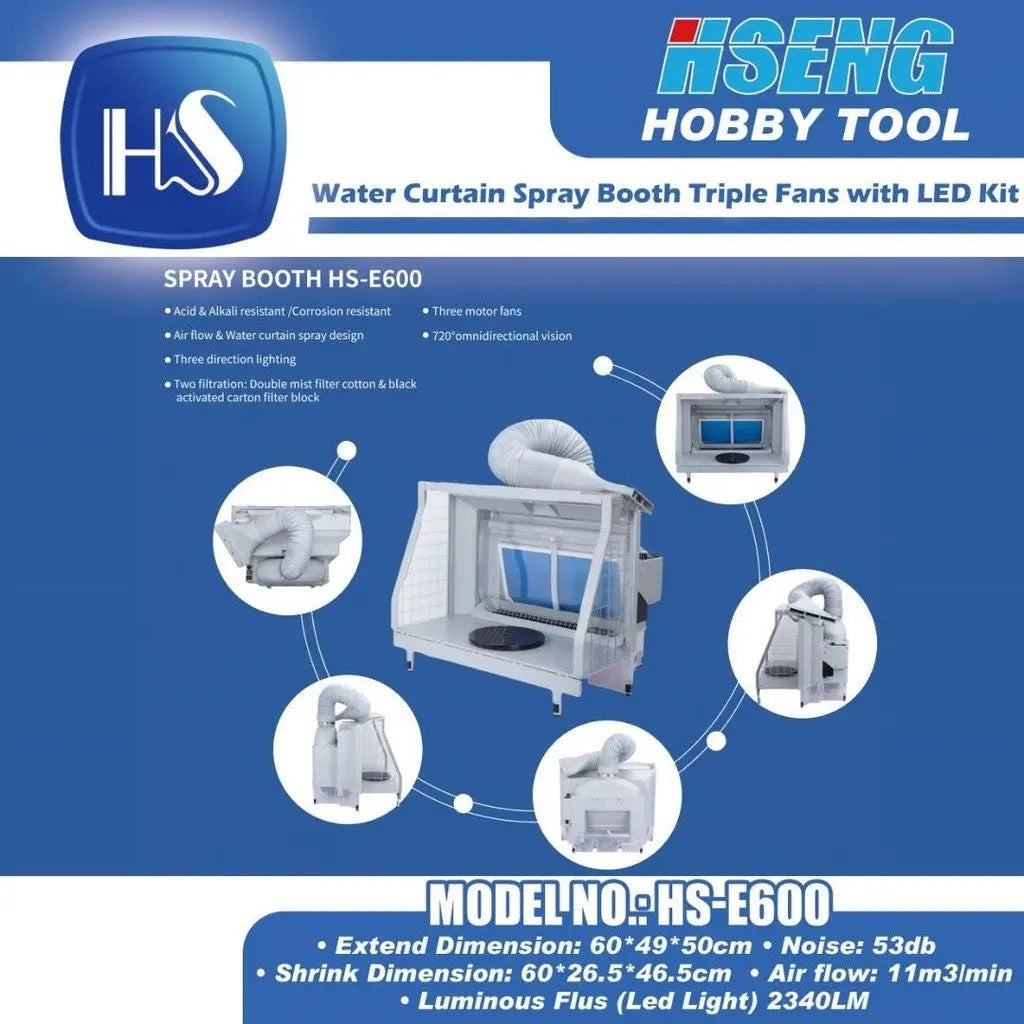 HSENG HS-E600 Water Curtain Spray Booth Triple Fans with LED Techno Tools & Equipment
