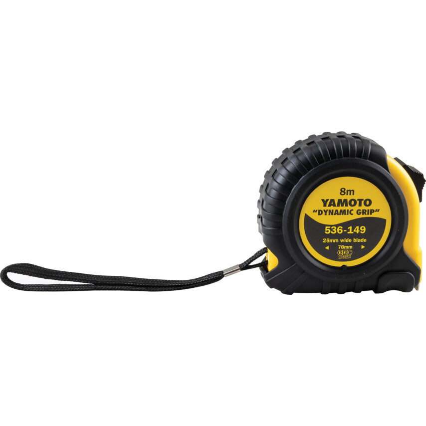 Yamoto YMT5361490K 8m locking tape rule, front view with wrist strap