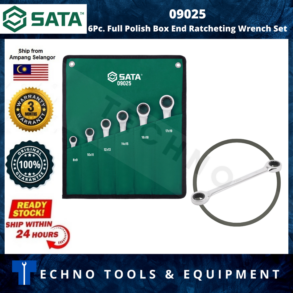 SATA 09025 6Pc. Full Polish Box End Ratcheting Wrench Set