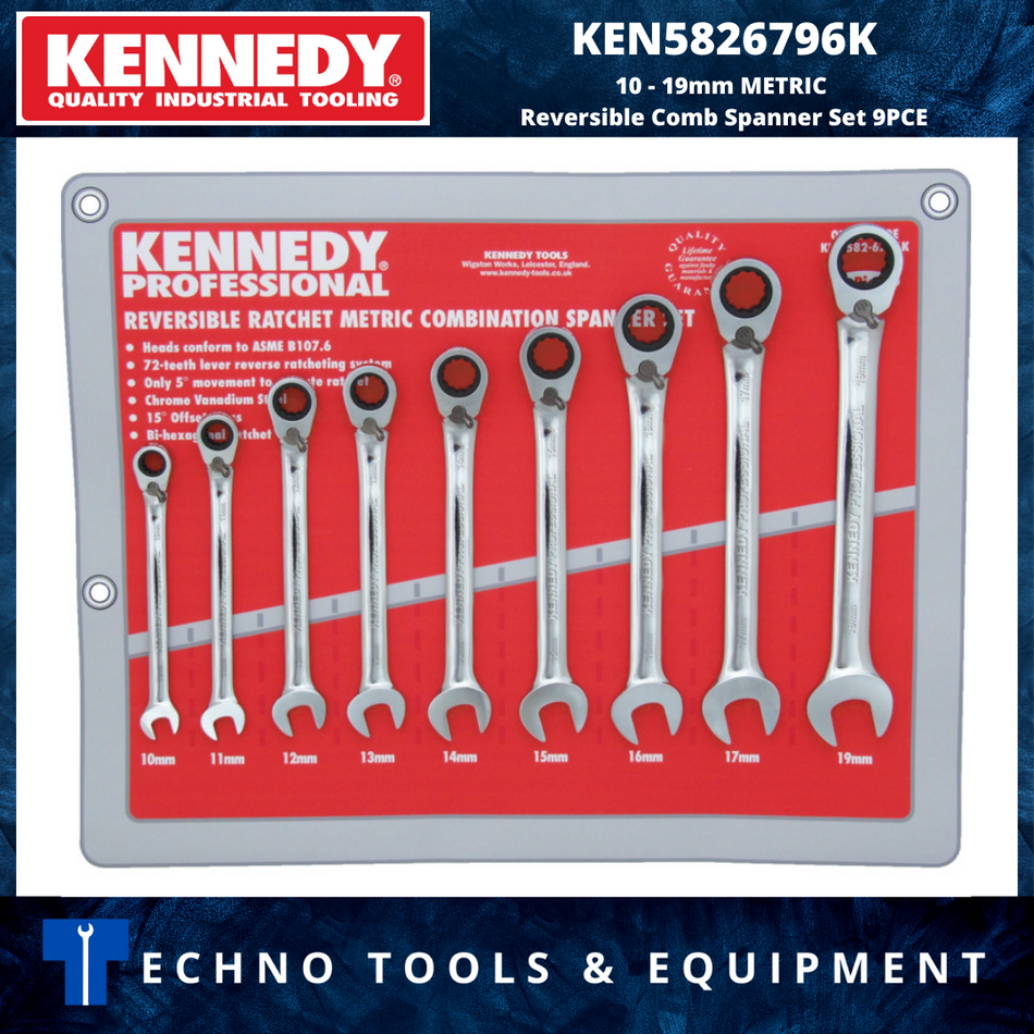 KENNEDY KEN5826796K 10 - 19mm METRIC Reversible Comb Spanner Set 9PCE