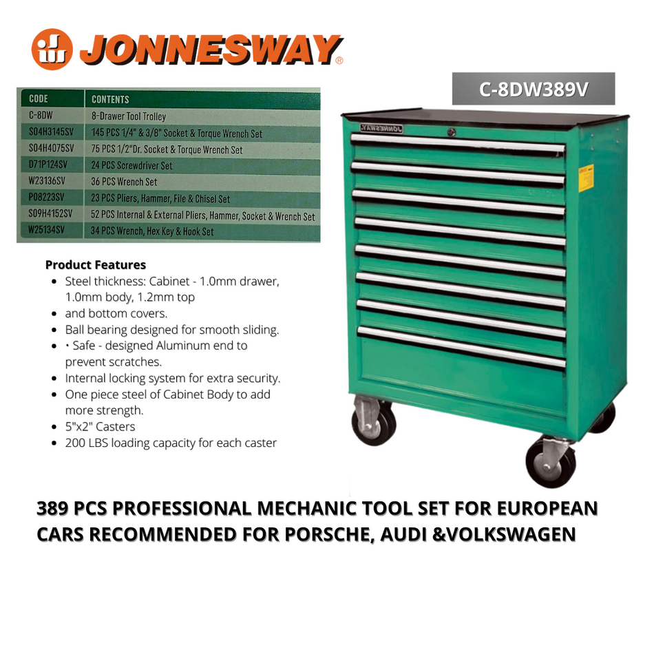 JONNESWAY C-8DW389V 389pcs Professional Mechanic Tool Set For European Cars