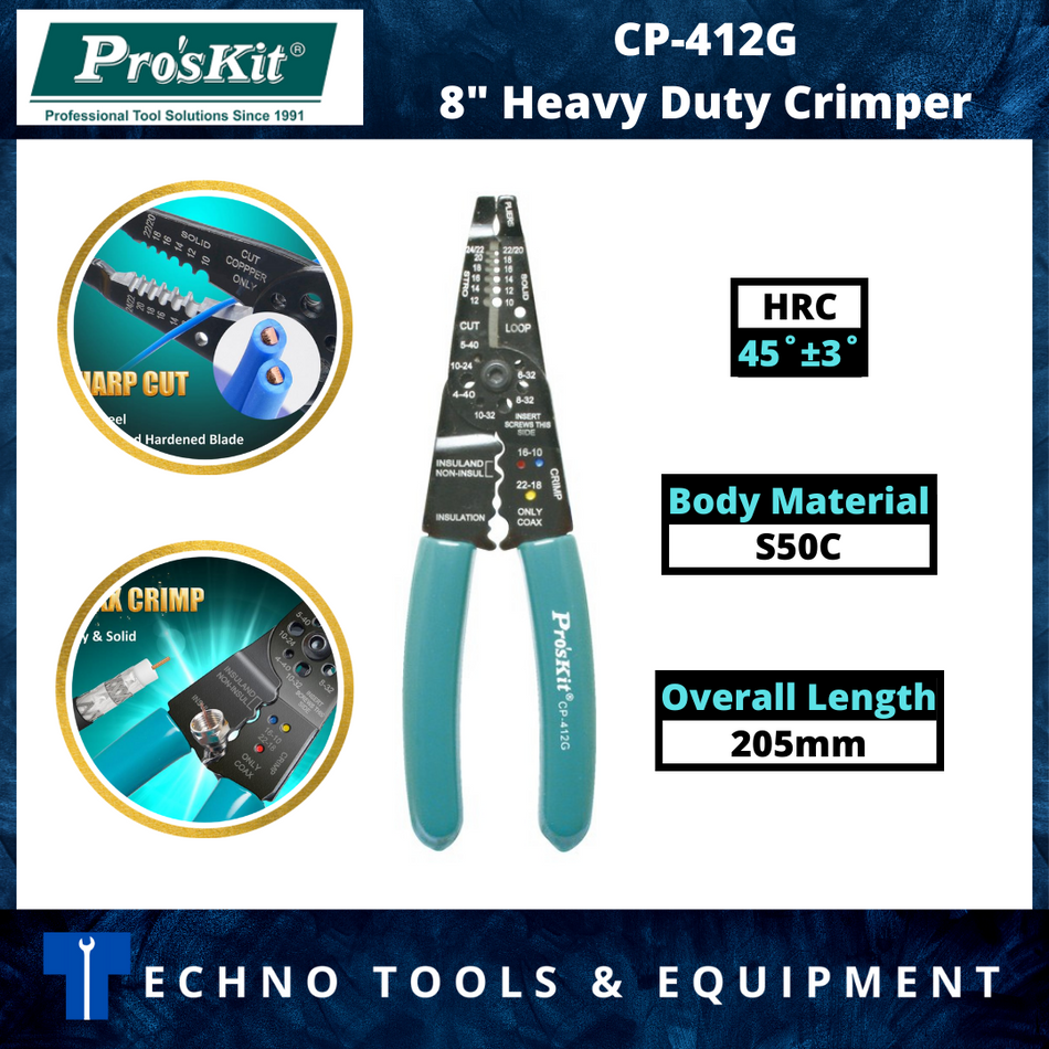 PRO'SKIT CP-412G 8" Heavy Duty Wire Strippers / Crimpers