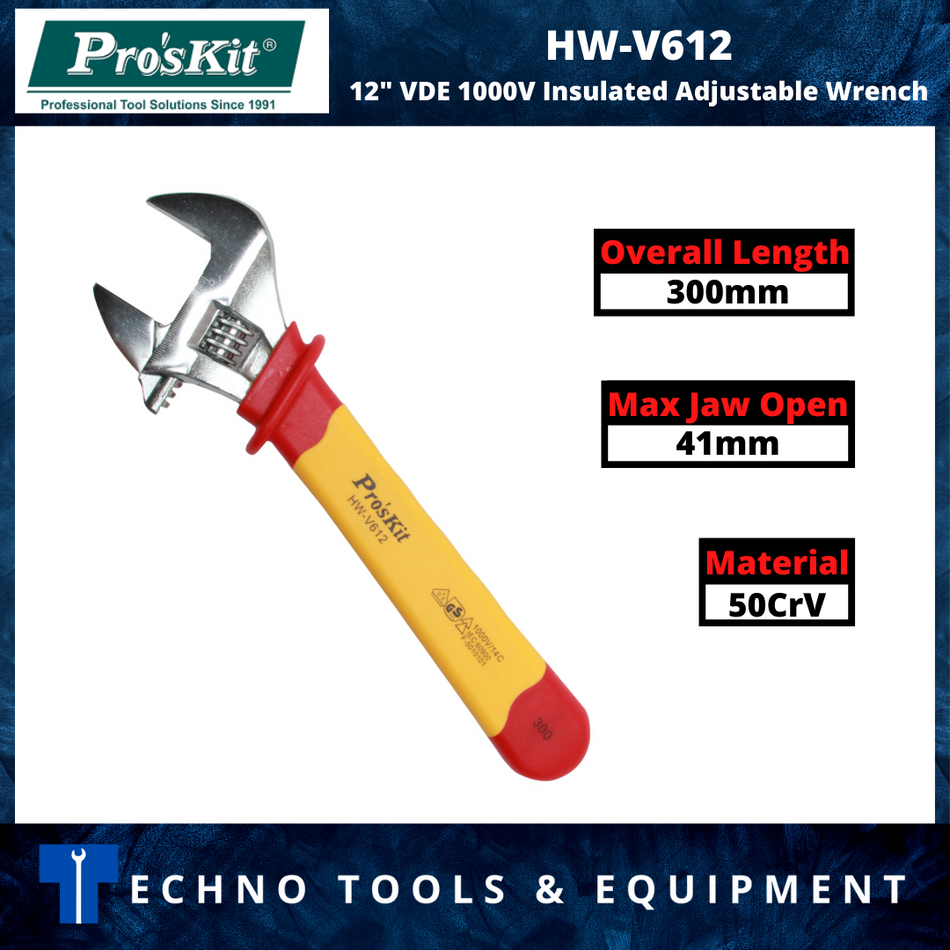 PRO'SKIT HW-V608 / HW-V610 / HW-V612 VDE 1000V Insulated Adjustable Wrench