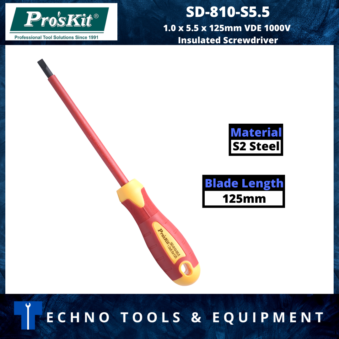 PRO'SKIT SD-810-S5.5 VDE 1000V Insulated Screwdriver - 1.0 x 5.5 x 125mm