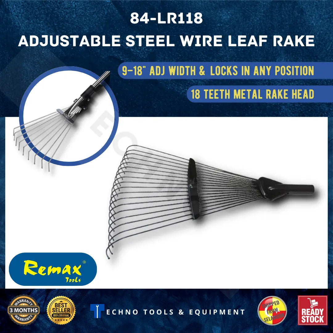 Wire Rake Head REMAX ADJUSTABLE STEEL WIRE LEAF RAKE WITH WOODEN HANDLE – Techno Tools ...