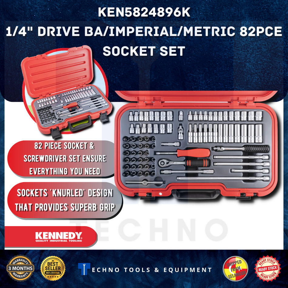 KENNEDY KEN5824896K 82PCE MM/AF/BA/TQ SOCKET SET 1/4" SQ DR