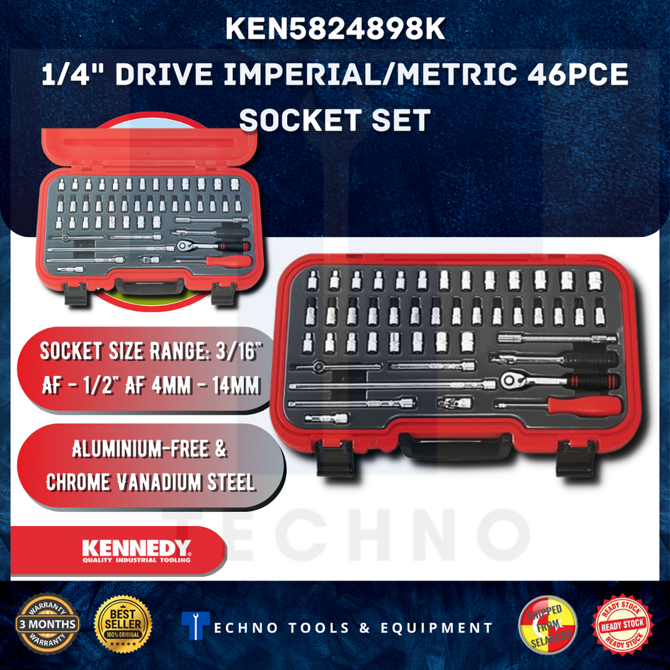 KENNEDY KEN5824898K SOCKET SET 1/4" SQ DR 46-PCE KEN-582-4898K