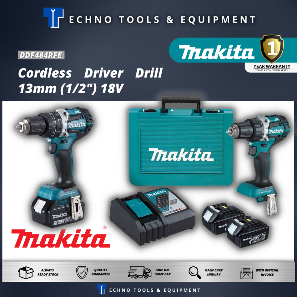 MAKITA DDF484RFE Cordless Driver Drill 13mm (1/2") 18V - 1 Year Warranty